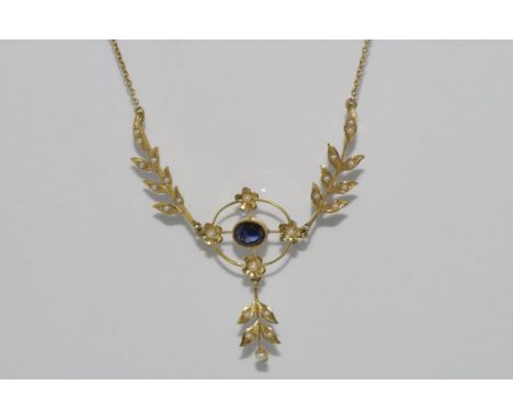 Delicate gold, sapphire and pearl pendant necklace marked 14K, weight: approx 4.8 grams