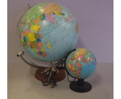 Vintage electric world globe together with a smaller world globe, 42cm high (tallest) approx