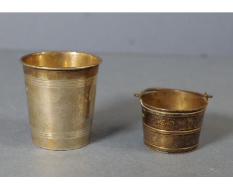 Victorian silver small bucket form mustard pot hallmarked London 1875, makers Richards & Brown; together with a spirit measur