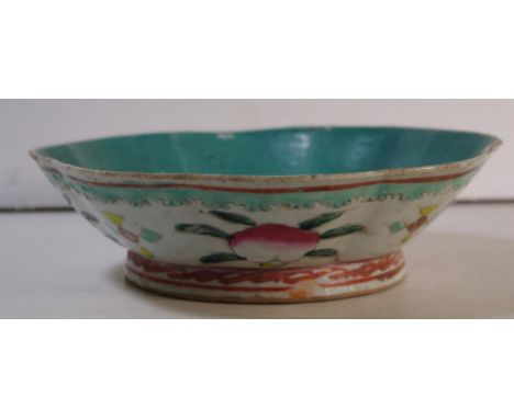 Chinese Nonya ware ceramic bowl with peach decoration to exterior, D21cm approx, crack to base