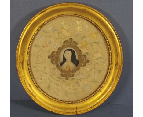 C18th framed watercolour in embroidered mount Portrait of a Woman; in Spanish (?) embroidered silk on taffeta mount. 5X4.5cms