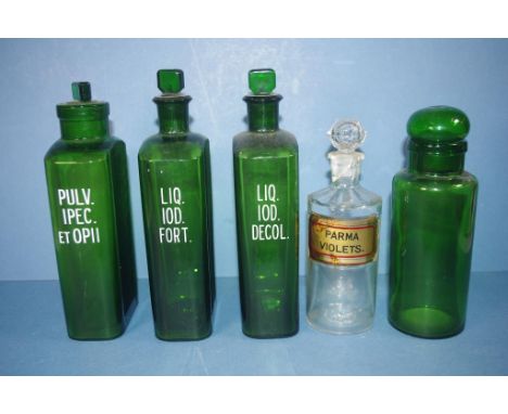 Five assorted vintage Pharmacy / Chemist bottles 23cm high (tallest) approx., clear bottle as inspected