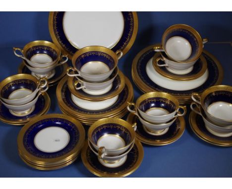 Aynsley cobalt blue & gold part dinner set with acid etched gilding. Comprising 5 each dinner & entree plates, 6 each coupes,