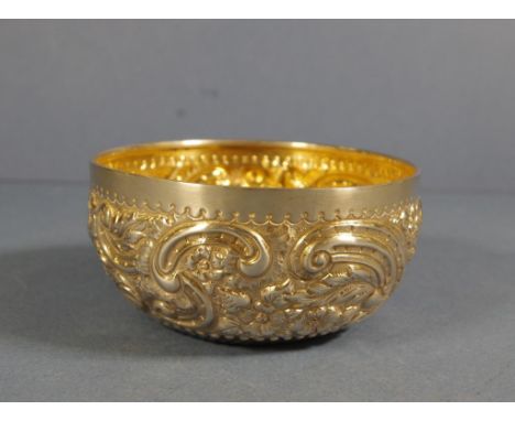 Victorian HM sterling silver bowl Birmingham 1878? (marks rubbed). Embossed decoration. D12cms H12cms approx. W134 approx.