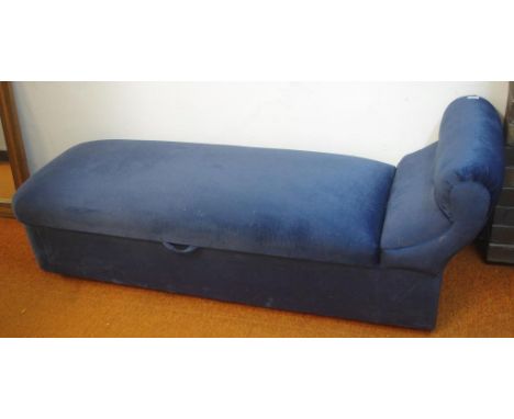 Vintage blue velour chaise longue with lift up blanket box compartment, 166cm wide
