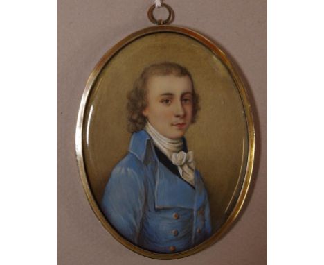 Portrait miniature of a gentleman in a blue coat 9cm x 7cm (frame) approx.
