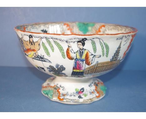 Antique Scottish ceramic footed bowl chinoiserie pattern, 25.5cm diameter approx.