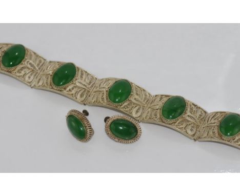 Chinese filigree silver and green stone bracelet and earring set, as inspected