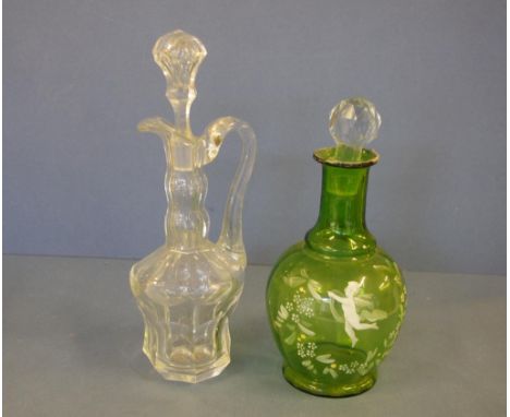 Vintage green Mary Gregory decanter (stopper been replaced), together with a cut glass ewer decanter, H29cm approx (tallest)