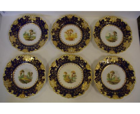 Set of 6 Daniel hand painted dessert plates with blue and yellow borders, decorated with central rural scenes, 22.4cm diamete