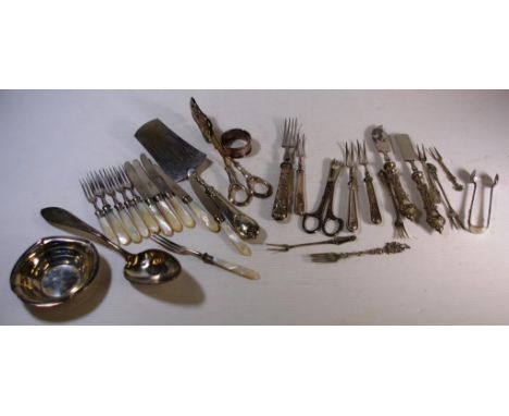 Quantity of silver and silver plated items to include flatware, dish, mother of pearl handled fruit set and other items