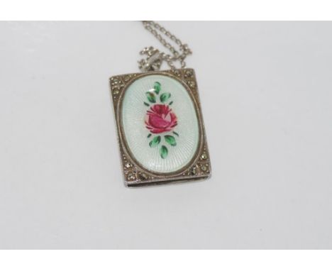 Vintage German silver enamel & marcasite locket on a silver chain
