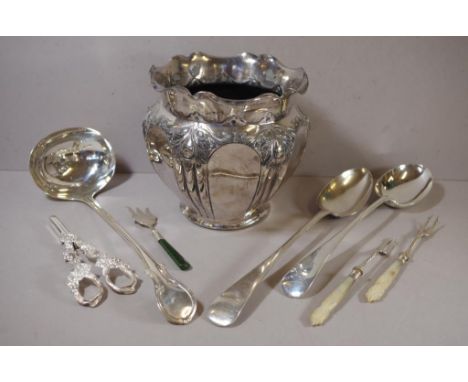 Eight various silver plated ware to include cutlery,  jardiniere; near pair basting spoons; ladle; pr grape scissors; & 3 var