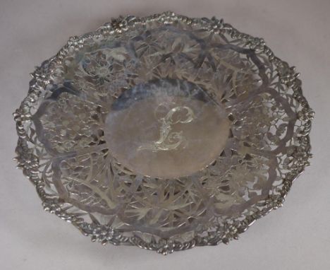 Chinese sterling silver footed bowl with pierced floral and foliage decoration, marked STERLING to base, 30.7cm wide, 4.5cm h