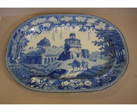 19th century Rogers blue and white meat platter with ancient architectural design, 54cm x 40cm