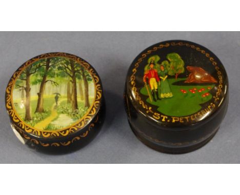 Two Russian lacquer ware trinket boxes both with decorative figural scene tops, D6.5cm approx