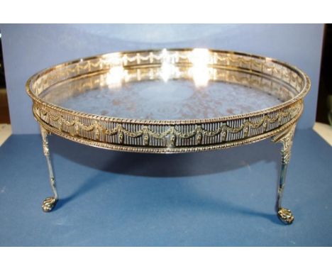 Vintage silver plated circular tray with pierced gallery & 3 removable feet, 48cm diameter approx.