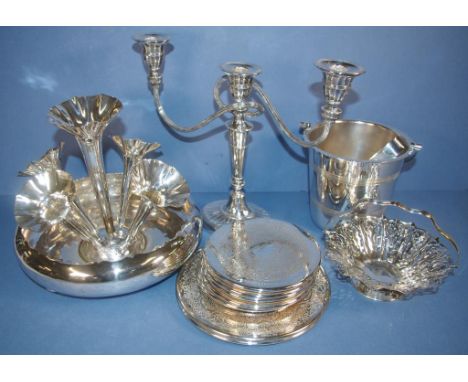 Vintage silver plated centrepiece epergne together with a silver plated candleabra, ice bucket, plate & glass coasters etc