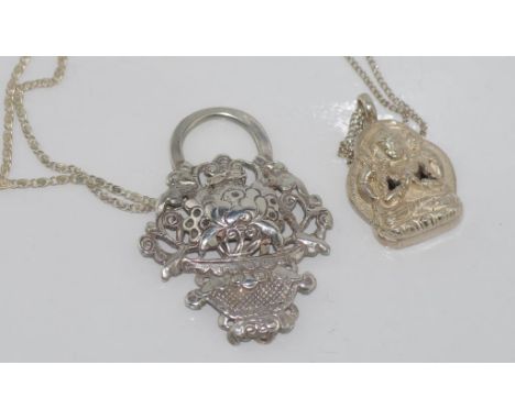 Silver Chinese basket pendant on Italian silver chain together with a Thai silver Buddah pendant on silver chain
