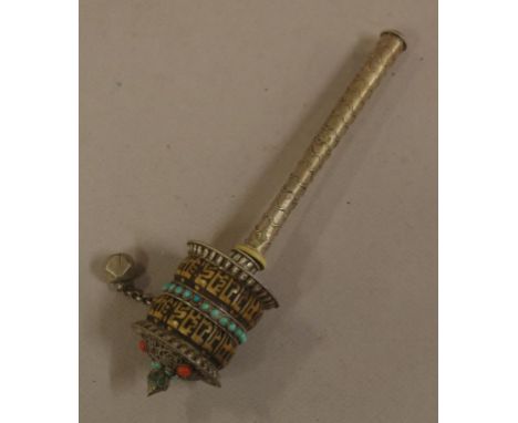 Vintage Tibetan silver mani prayer wheel with filigree and semi precious stones decoration, 19.5cm high
