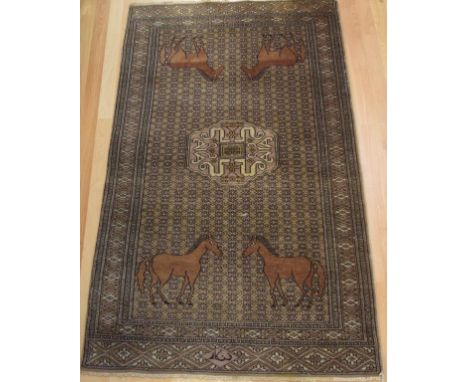 Vintage Middle Eastern wool rug in brown and neutral tones with horse decoration, 155 x 95cm
