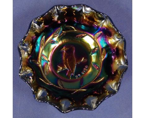 Amethyst carnival glass kookaburra dish D13cm approx