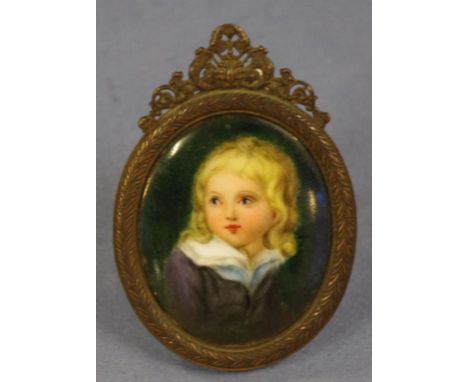 Antique hand painted portrait porcelain miniature in cast metal frame, H9cm approx