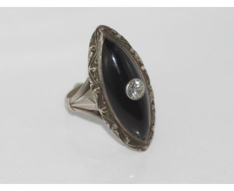 Vintage Chinese silver export onyx & diamond ring marked Sterling and two characters, size: L-M/6