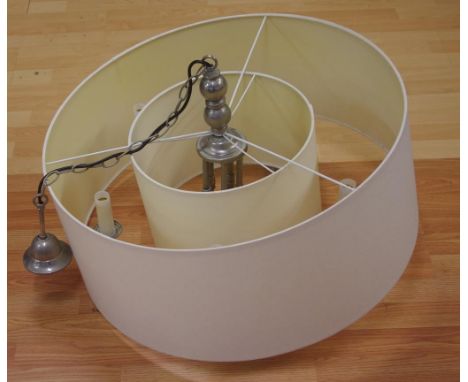 Contemporary 5 branch ceiling light with 2 cream linen shades, 68cm diameter (outer shade)