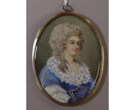 Portrait miniature of a lady in a blue dress signed 'Augustin', 9cm x 7cm (frame) approx.