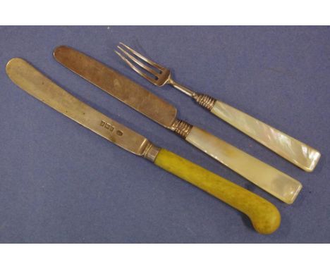 Sterling silver & mother of pearl knife & fork together with a sterling silver and bone knife