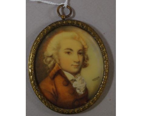 Portrait miniature of a gentleman in a orange coat 7cm x 6cm (frame) approx.