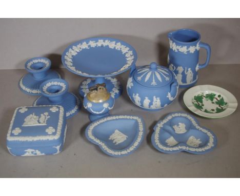 Quantity of Wedgwood blue jasperware including trinket box, candle sticks, sugar bowl & milk jug, comport & lighter together 
