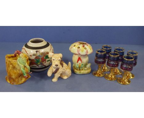 Four various ceramic pieces to include a Sylvac Scottie dog (9.5 cm high) together with 6 liqueur glasses