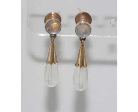 Vintage gold and moonstone drop earrings with screw and butterfly backs, 2 x 1cm