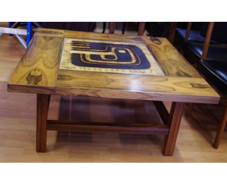 Good 1960s Danish rosewood coffee table with ceramic insert top, 105cm x 105cm