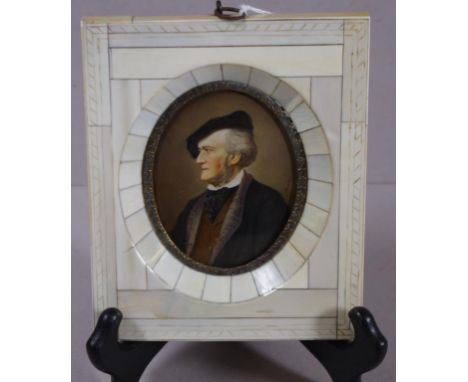 Miniature portrait of Wagner with 'piano key' frame, signed 'Sticler', 14.5cm x 12cm (frame) approx.
