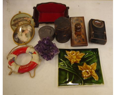 Quantity of interesting collectables including a Tunbridge ware blotter, amethyst clump, P&O Strathaird souvenir. 1930s torch