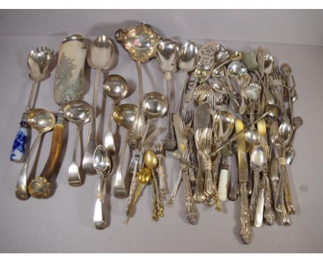 Collection of antique and vintage silver plate flat wear including a horn handled crumb tray, salad servers, ladles, a bastin