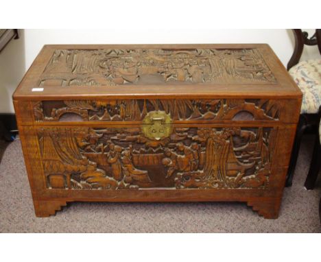 Oriental carved camphor wood trunk 101cm wide