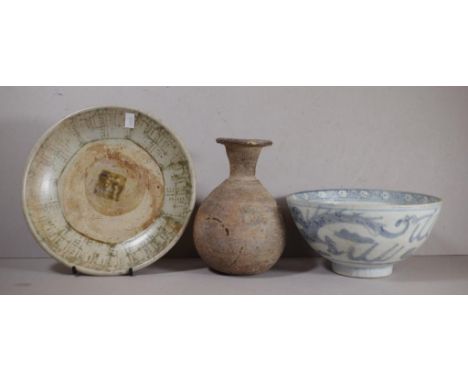 Two various Thai Sawankoloke pieces etc inc bottle shaped flask and shallow dish; together with Chinese ceramic blue and whit