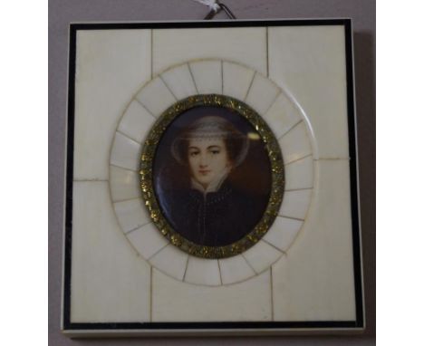 Miniature portrait of Mary Queen of Scots signed, 10cm x 9cm (frame) approx.