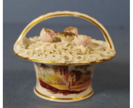 Early Victorian miniature pot pouri basket Applied blossoms to lid of basket; painted architectural scenes to body. H7cms app