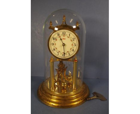 Glass dome & brass 400 day clock with key, broken suspension wire on pendulum