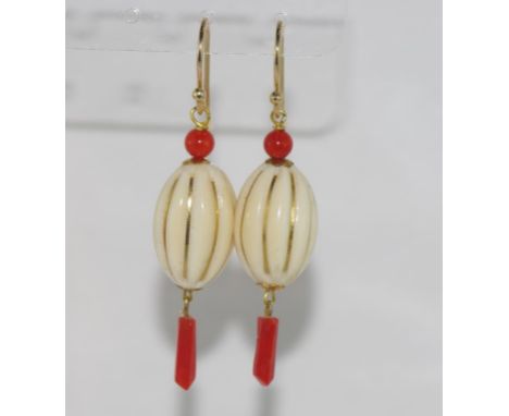 Vintage ivory and coral earrings on 9ct gold hooks NB This item may not be exported without CITES documentation