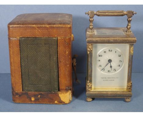 Fairfax & Roberts carriage clock 14.5cm high approx., with original travel case & key, French movement, small metal decoratio