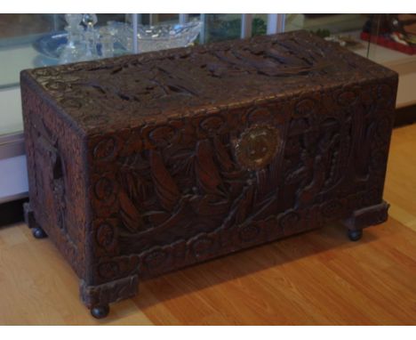 Chinese carved camphor wood trunk 102cm wide