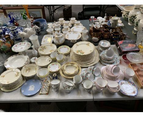 A HUGE COLLECTION OF ASSORTED CERAMICS TO INCLUDE AYNSLEY VASES, WEDGWOOD TRINKET BOX, CUPS AND SAUCERS ETC 