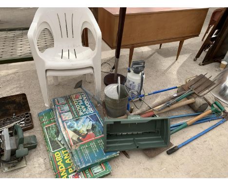A LARGE COLLECTION OF GARDEN ITEMS TO INCLUDE TWO PLASTIC CHAIRS, TOOLS, GALV WATERING CAN, AND CLOCHES ETC 