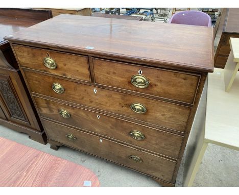 A 19 CENTURY MAHOGANY CHEST OF TWO SHORT AND THREE LONG DRAWERS ON BRACKET FEET 